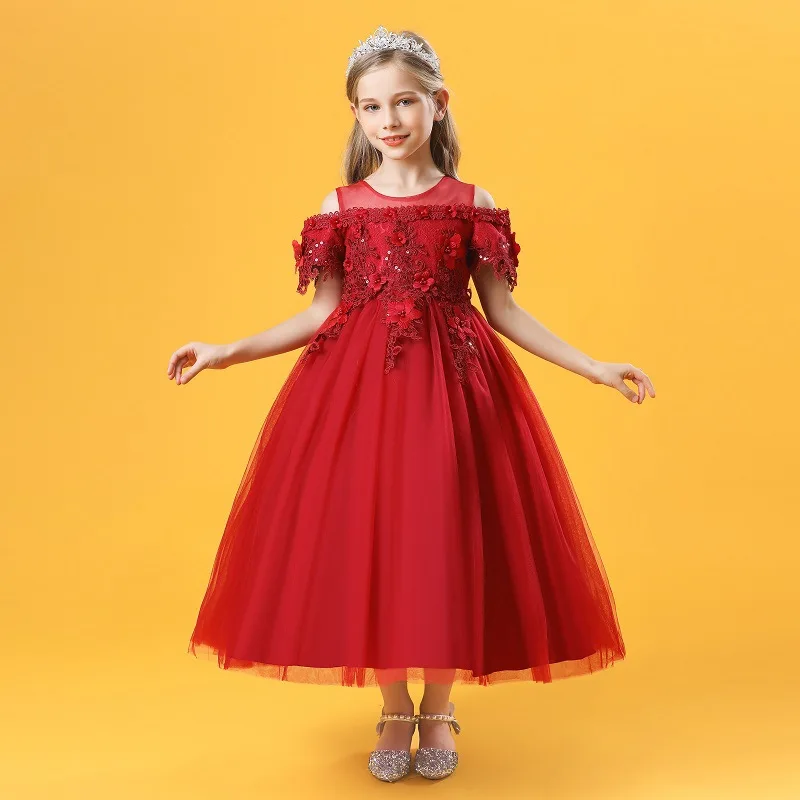 New Children\'s Princess Dress Lace Off Shoulder Long Dress Flower Children\'s Wedding Dress Lace Birthday Princess Dress