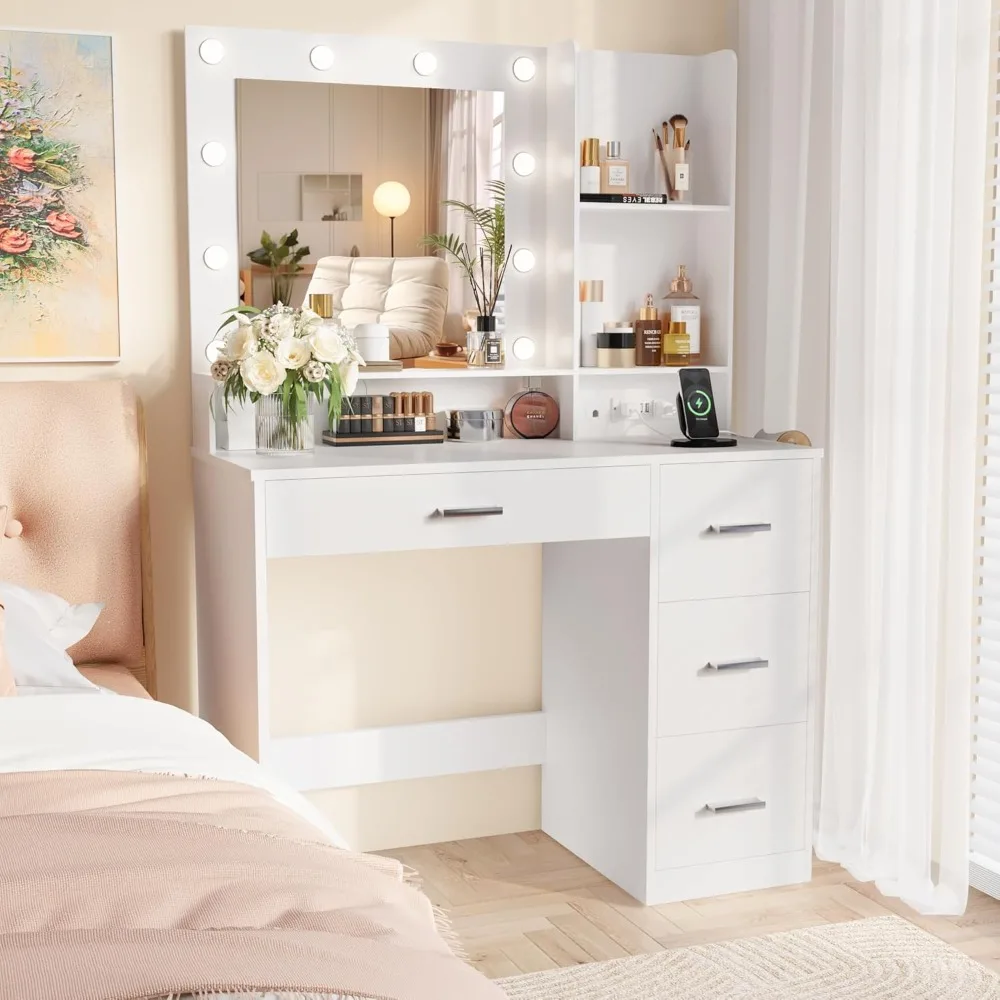 

Vanity Desk with LED Lighted Mirror&Power Outlet, 39.3’’ Makeup Vanity Table with 4 Drawers and 3 Storage Shelves, Adjustable 3