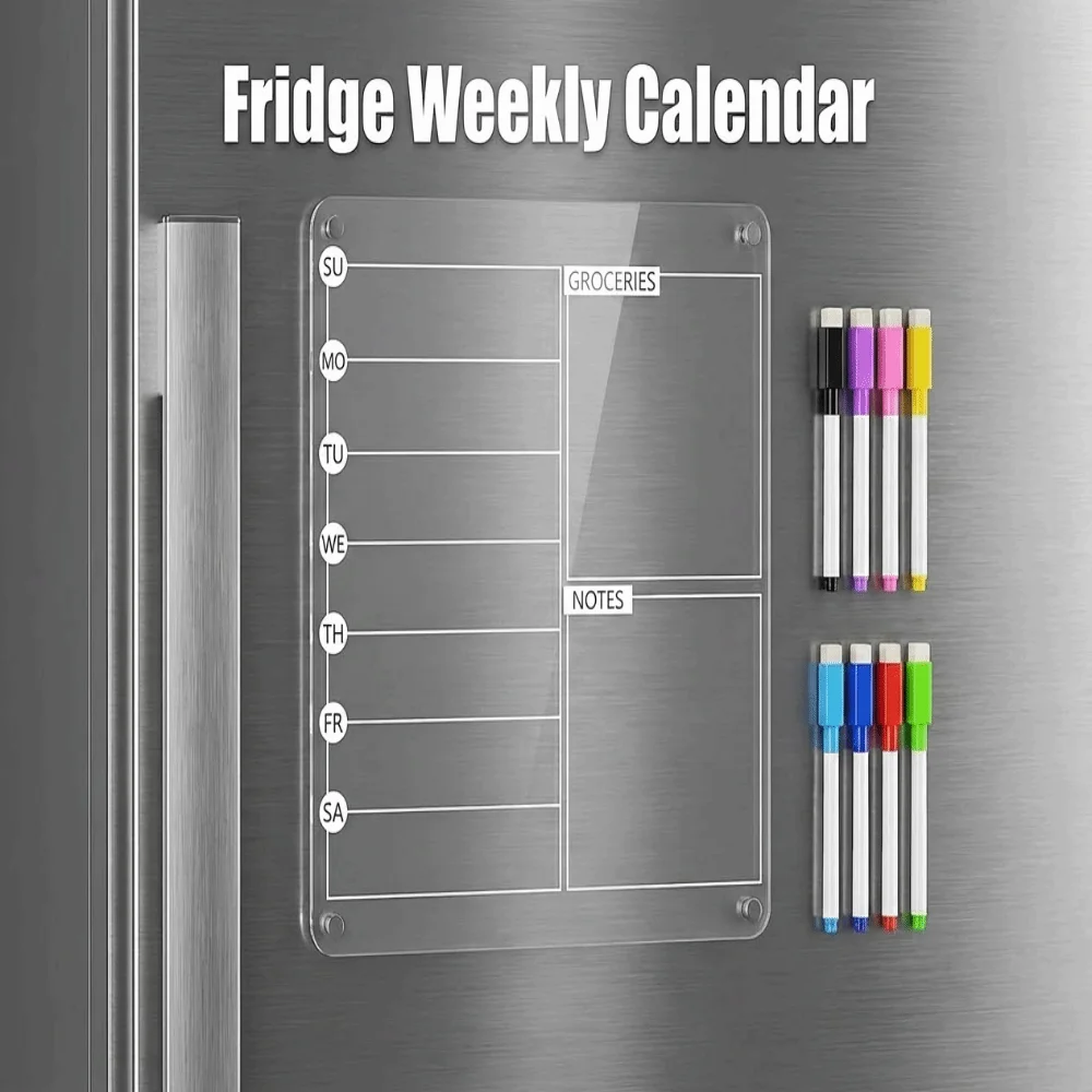 Reusable Fridge Weekly Calendar Transparent with 8 Markers Erasable Memo Board Frameless Removable