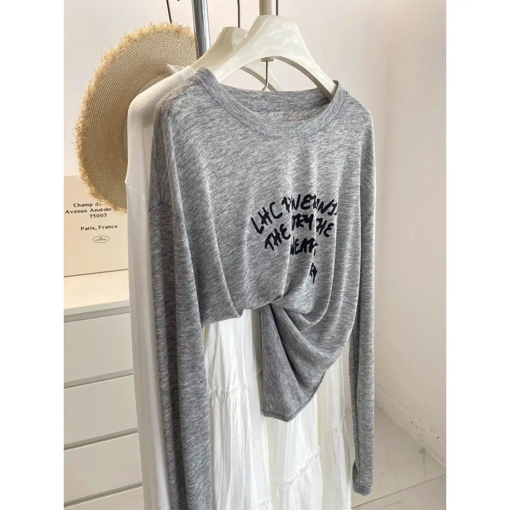 Lightweight Long Sleeve Letter Print Sun Protection Clothing Women's Summer Lazy Loose Slimming Cover up Shoulder Bared Mask T
