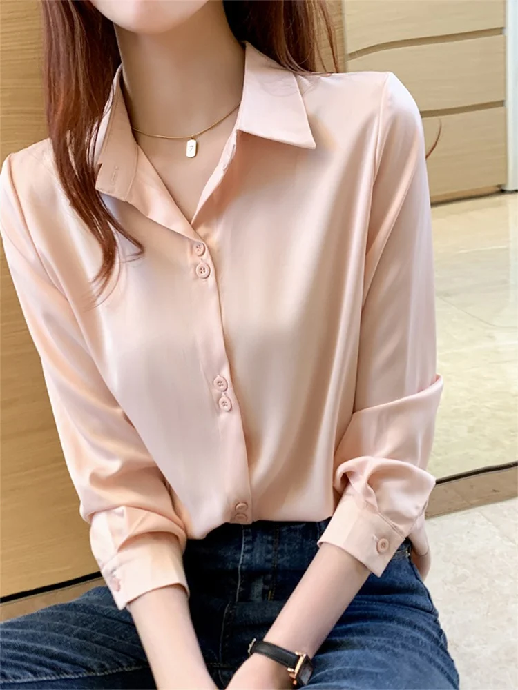 

Spring Autumn New Heavyweight Versatile Women's Long Sve irt Satin Surface Profional White Button up Ne Straig...