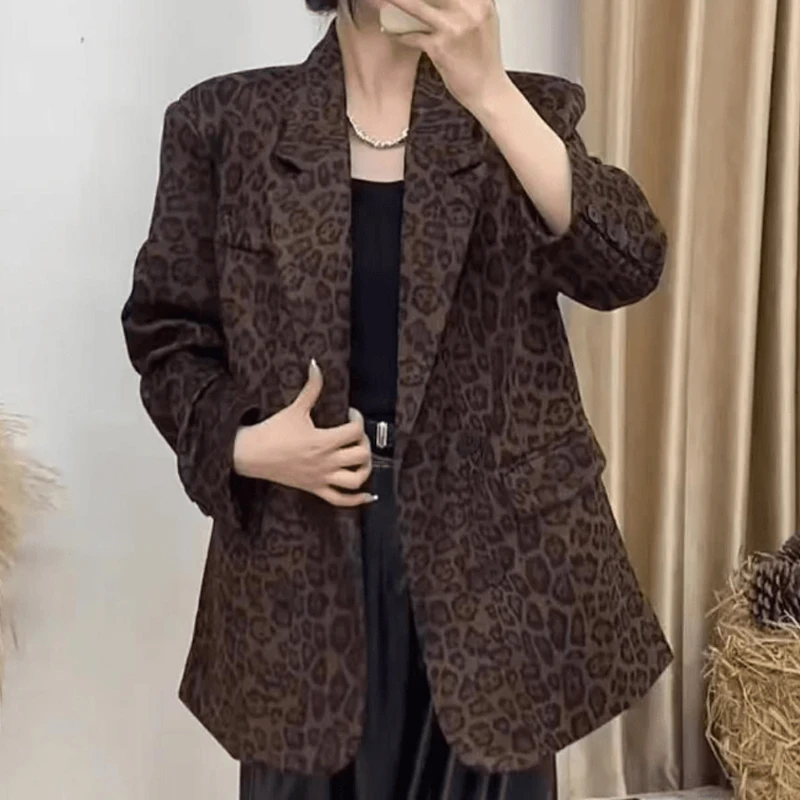 Frauen Kleidung Frühling Herbst Koreanische Mode Vintage Leopard Gedruckt Blazer Büro Dame Chic Übergroßen Langarm Anzug Jacken