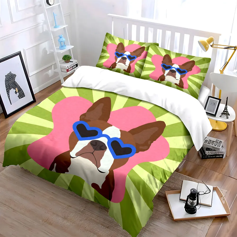 Boston Terrier Heart Sunglasses Duvet Cover Set, Retro Sunburst Pop Art Bedding Includes 1 Duvet Cover And 2 Pillowcase, Gift