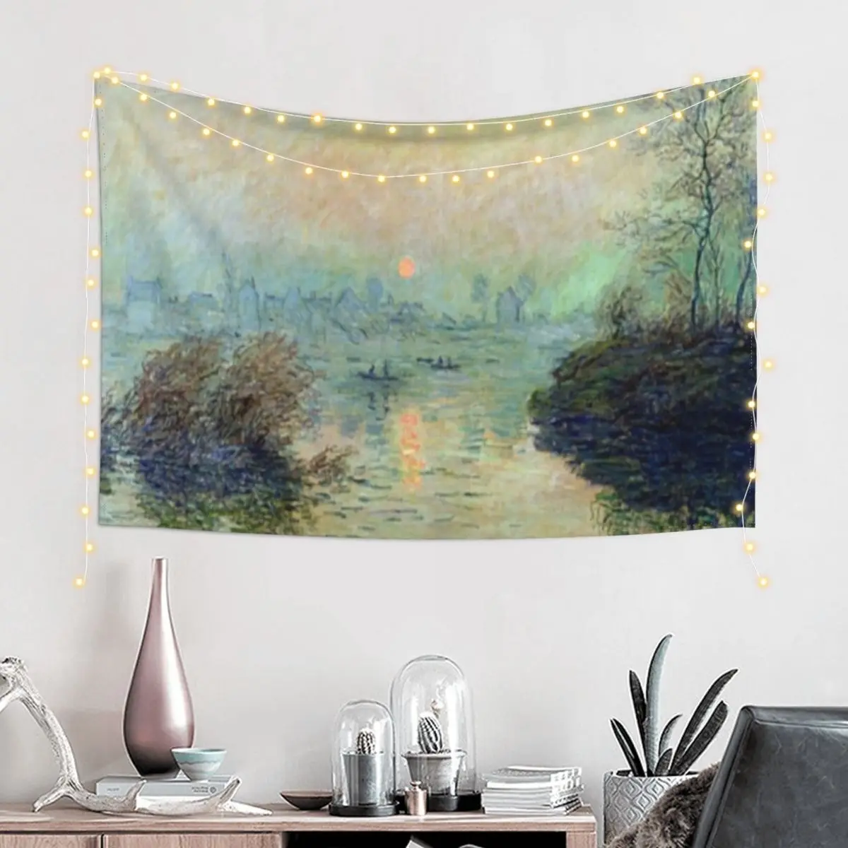 Sun Setting Over The Seine at Lavacourt | Claude Monet Fine Art Tapestry Room Decor Cute On The Wall Tapestry