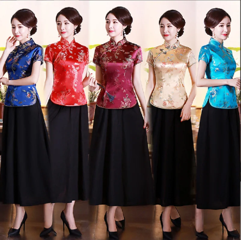 

Новинка 2026: Женский комплект из атласной шелковой футболки и юбки в китайском традиционном стиле с вышивкой цветов, укороченный рукав, приталенный крой