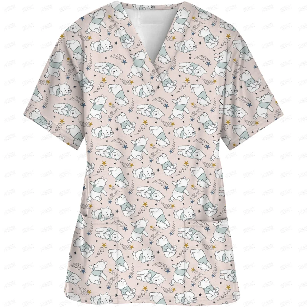 Scrubs Medical Uniforms Disney Winnie the Pooh Scrub Top Loose Cotton Unisex Pet Hospital Health Centre Work Clothes Lab Coat