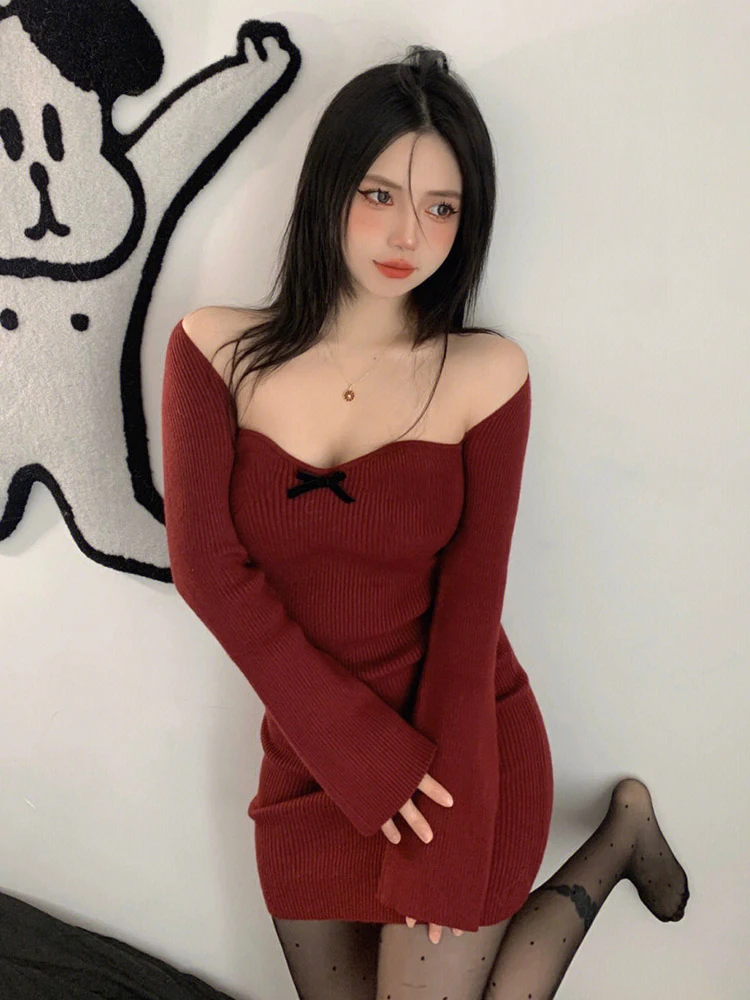 Robes de fête de noël à col carré rouge pour femmes, automne hiver, robe basique Sexy, moulante, extensible, Slim, Mini robe mignonne pour les filles