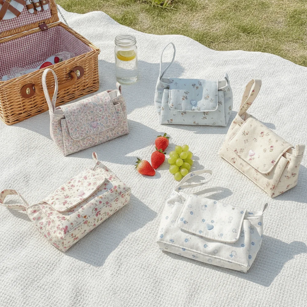 Print Floral Makeup Bag Snap Button Soft Cotton Cosmetic Pouch Korean Style Double Pockets Layered Storage Bag Outdoor Travel
