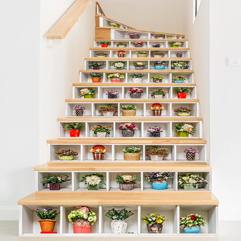 ديكور المنزل المشهد درج ملصقات شعرية بوعاء الزهور النباتات الفينيل جدارية للغرف الجمالية درج خطوات للإزالة #1