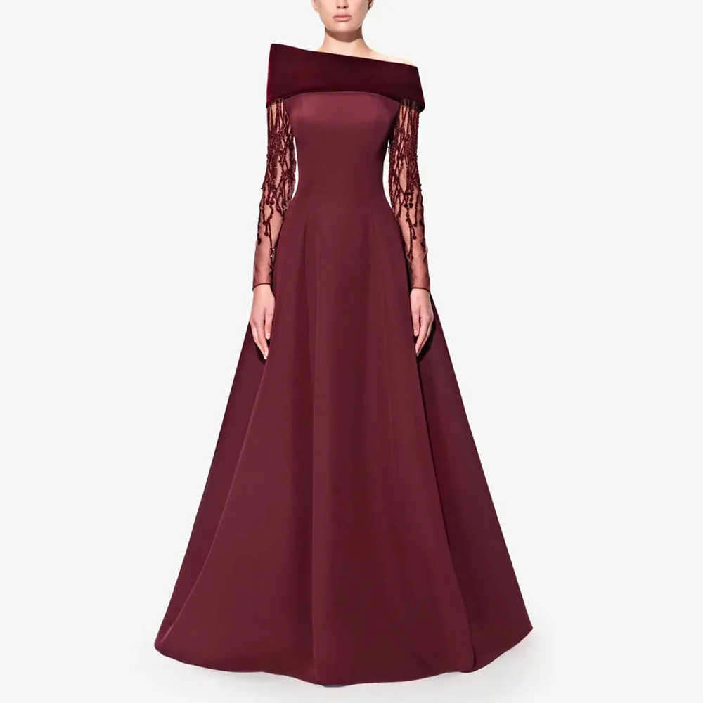 

Customized Burgundy Off the Shoulder Evening Dresses Beading Full Sleeve A Line Birthday Dress Portrait Neckline Formal Gowns