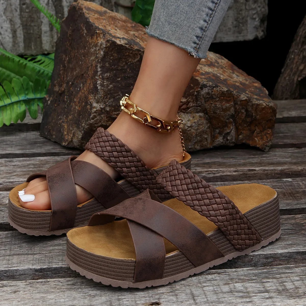 Women Wedge Platform Sandals Summer Thick Sole Slides Cross Strap Woven Slippers Open Toe Casual Outdoor Comfort Plus Size Shoes