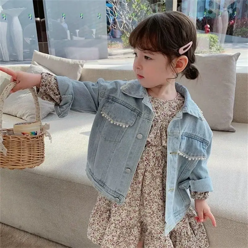 

Spring Autumn Girls Pearl Jacket Fashionable New Style Children Baby Stylish Cotton Casual Denim Coat 0 2 4 6 7Y