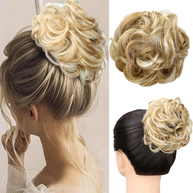 WIGSIN Synthetic Rubber Bands Clip Messy Bun Ponytail Extensions Short Curly Chignon Tousled Updo Hairpieces for Women Girls