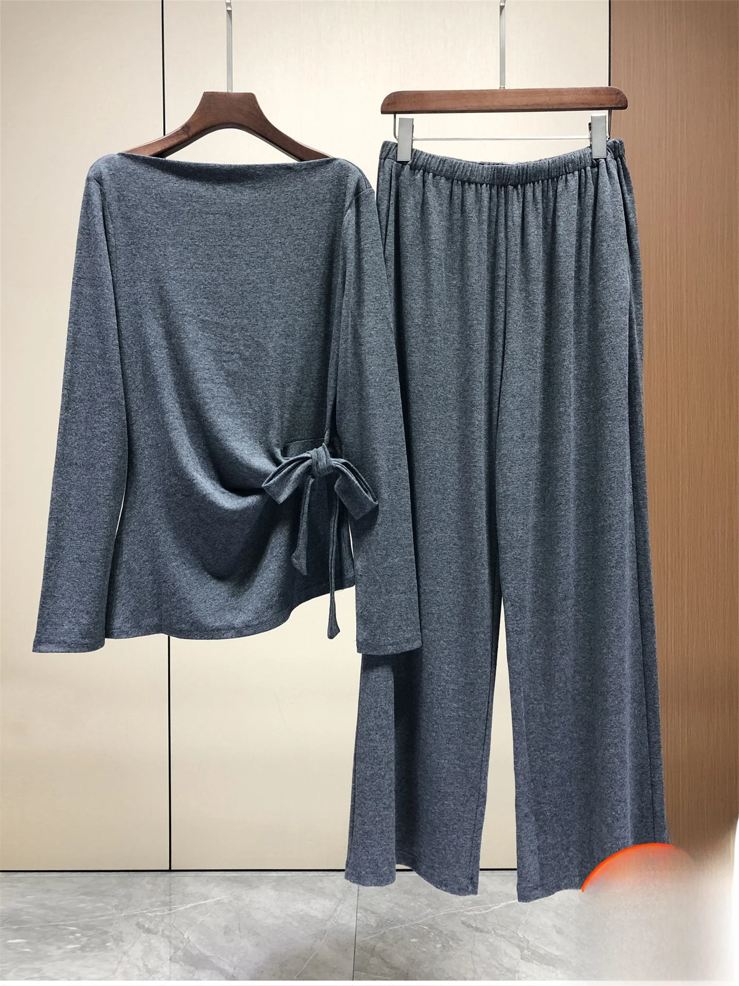 

Casual Wide Leg Pants Set Women's Autumn New Sle European Goods Two Piece Set Long irt Drapey Pants Elastic Waist Design