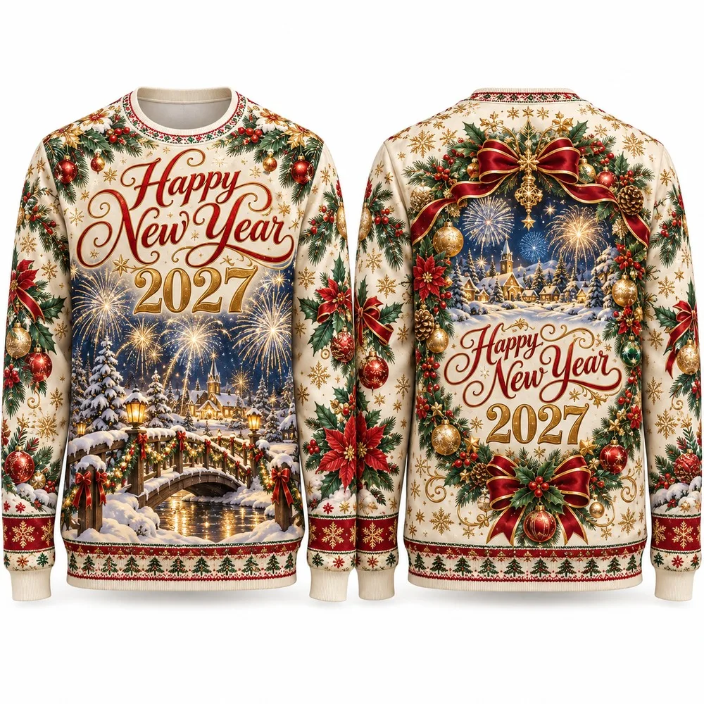 Funny Welcome Happy New Year 2027 in Firework Sweaters Featuring an Ugly Christmas Sweater Look for Midnight Photos and Events