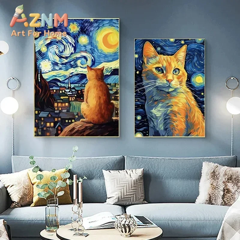 Vintage Orange Cat Black Cat Golden Retriever Look Moonlight Abstract Picture Canvas Print Art Poster Wall Decor Home Hecor