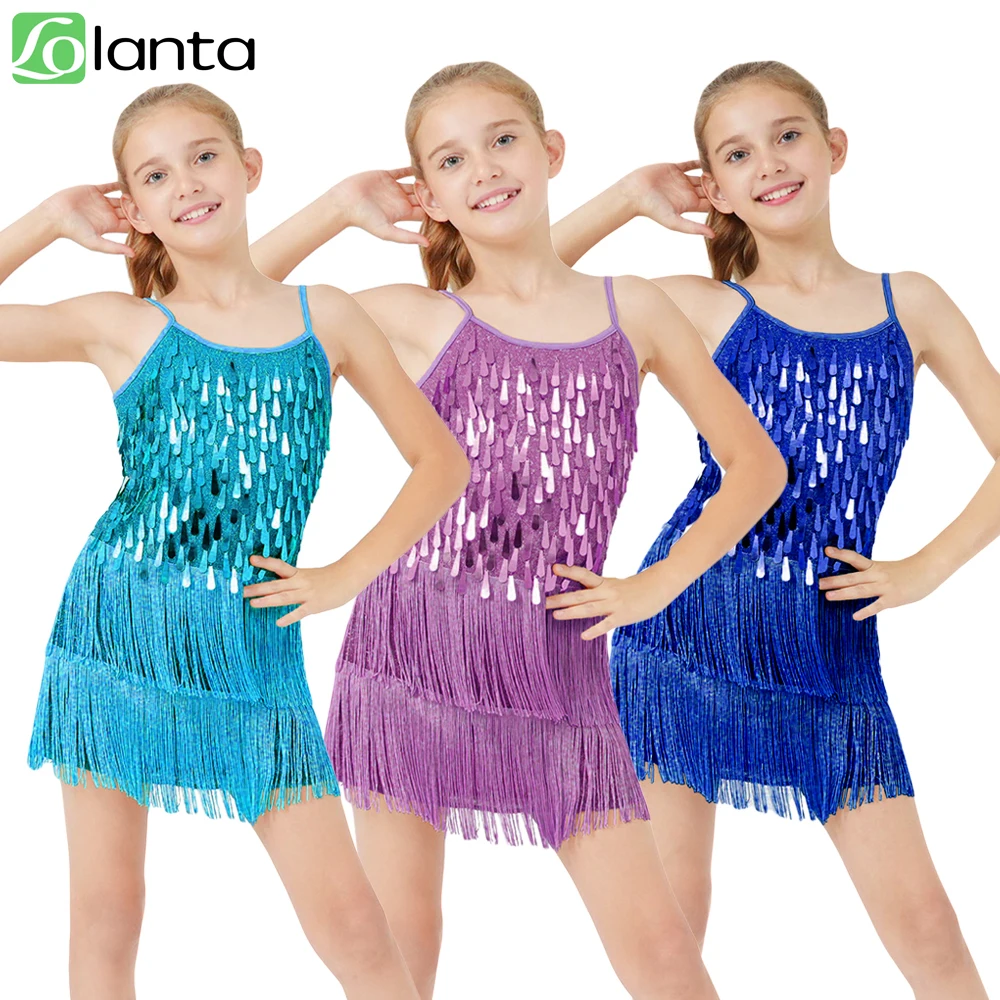 LOlanta 2Pcs Girls Sequin Latin Dance Dress Tassel Salsa Dancewear Sequin Fringe Dress Performance Outfits
