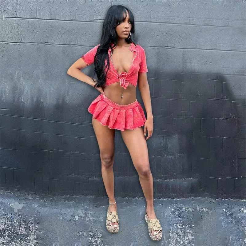 مجموعات طلب نادي الحفلات للنساء مكونة من قطعتين طقم ملابس صيفي برباط علوي وتنورة قصيرة أطقم Conjuntos Para Vestir #4