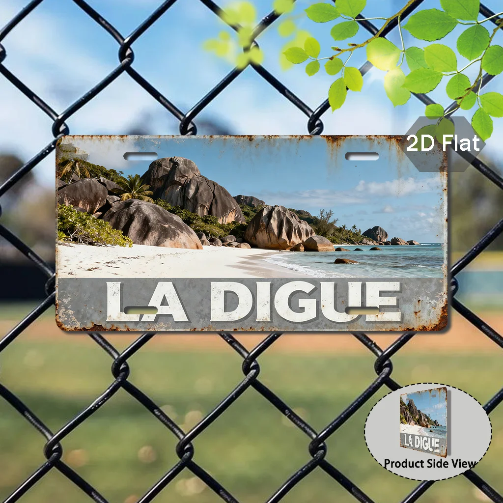 Vintage Aluminum Metal Sign La Digue Island Seychelles Tropical Beach Scene Coral Reefs Palm Theme Retro Wall Art Plaque for Hom