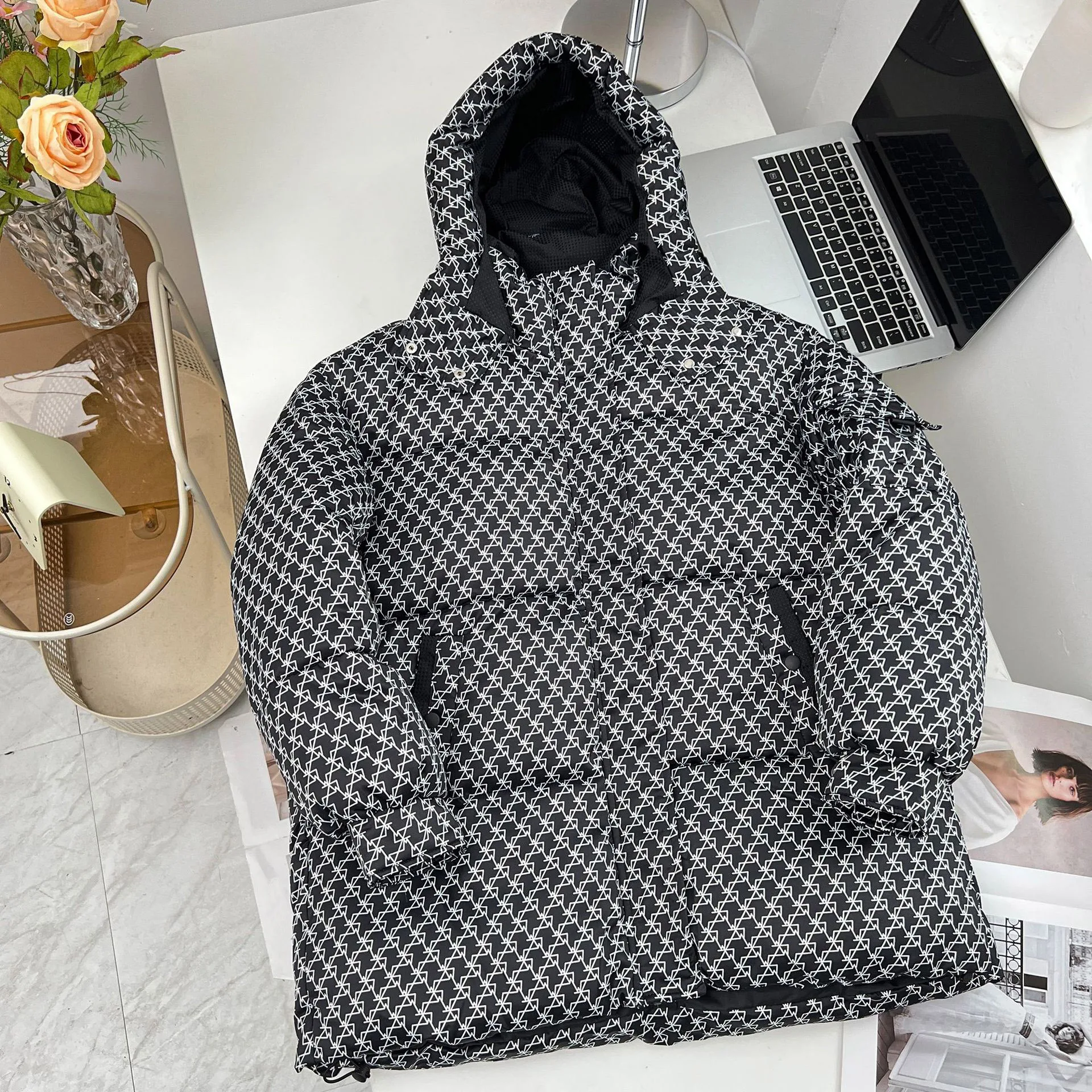 Fashion Houndstooth Hooded Parkas Women Winter 2023 Plus Size Casual Clothing Down Cotton Padded Coat Long Wadded Jacket