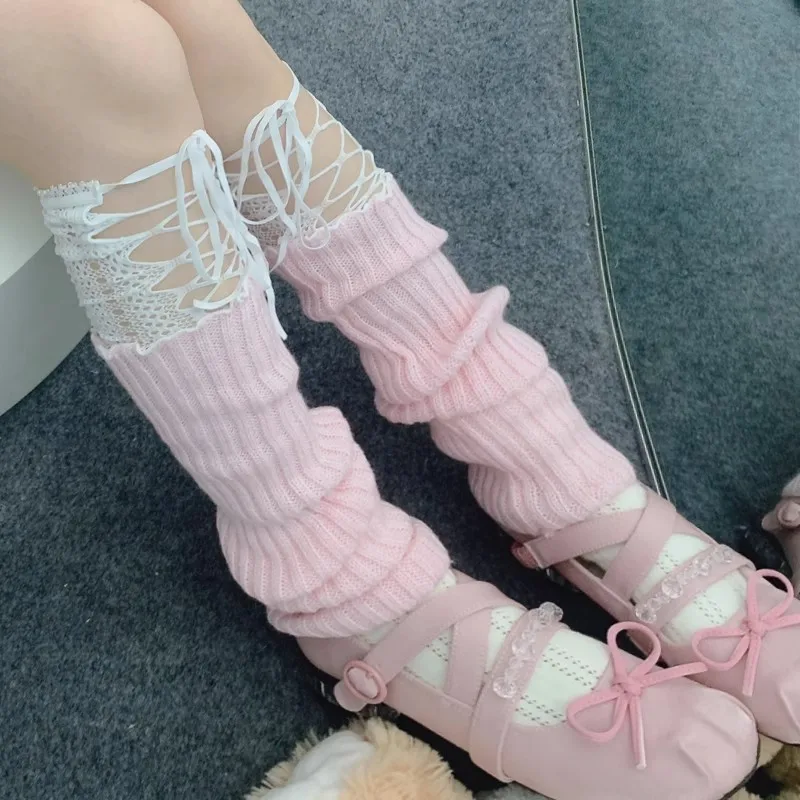 Japanese Style Lolita Winter Warm Socks Warm Leg Knitted Socks Y2K Knitted Foot Covers Leg Warmers with Lace for Women Girls