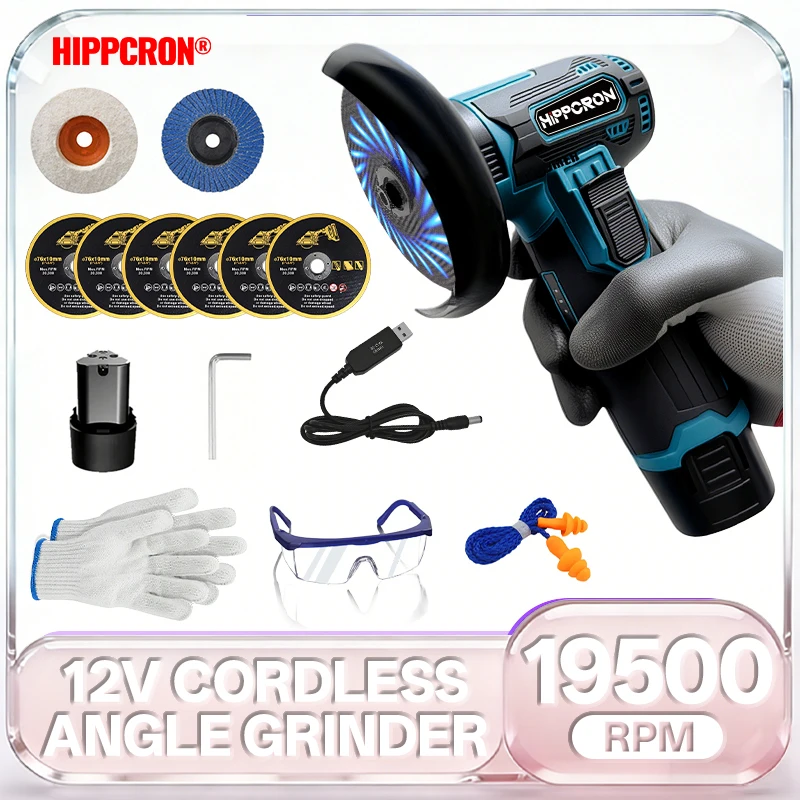 Hippcron 12V Electric Angle Grinder 3 Inch Polishing Mini Cutting Blade Grinder Machine Rechargeable Lithium Battery Universal