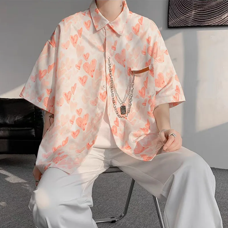 Hiphop Kettingen Korte Mouwen Shirt Dagelijks Mannen Oversized Blouses Hete Zomer Love Print Mode Streetwear Tieners Kleding