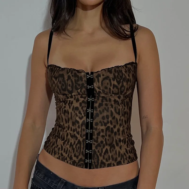 New Sexy Waist Slimming Top Vintage Front Button Mesh Lace Leopard Print Suspender Suitable for Causal Fashion Women Clothes