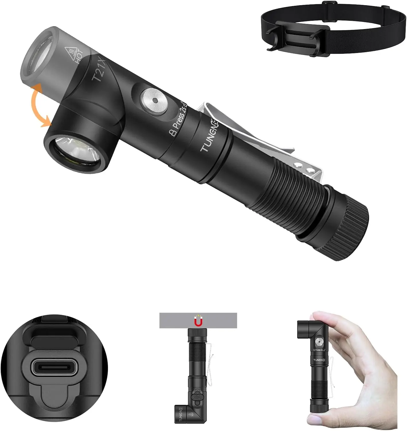 TUNENGE T21X linterna frontal de 90 grados, linterna LED AA recargable por USB C, con kit de diadema, para senderismo, Camping, emergencia