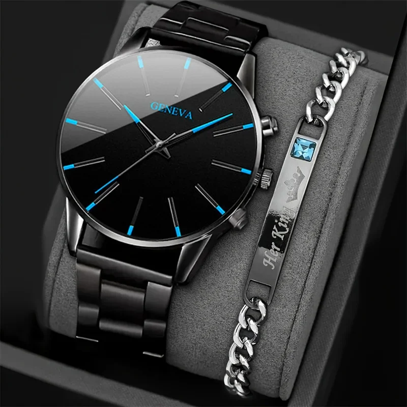 Men's Cool Blue Dial and Jewelry Set, Precise Timing, Fashionable Men's Gift Watch (No Box)