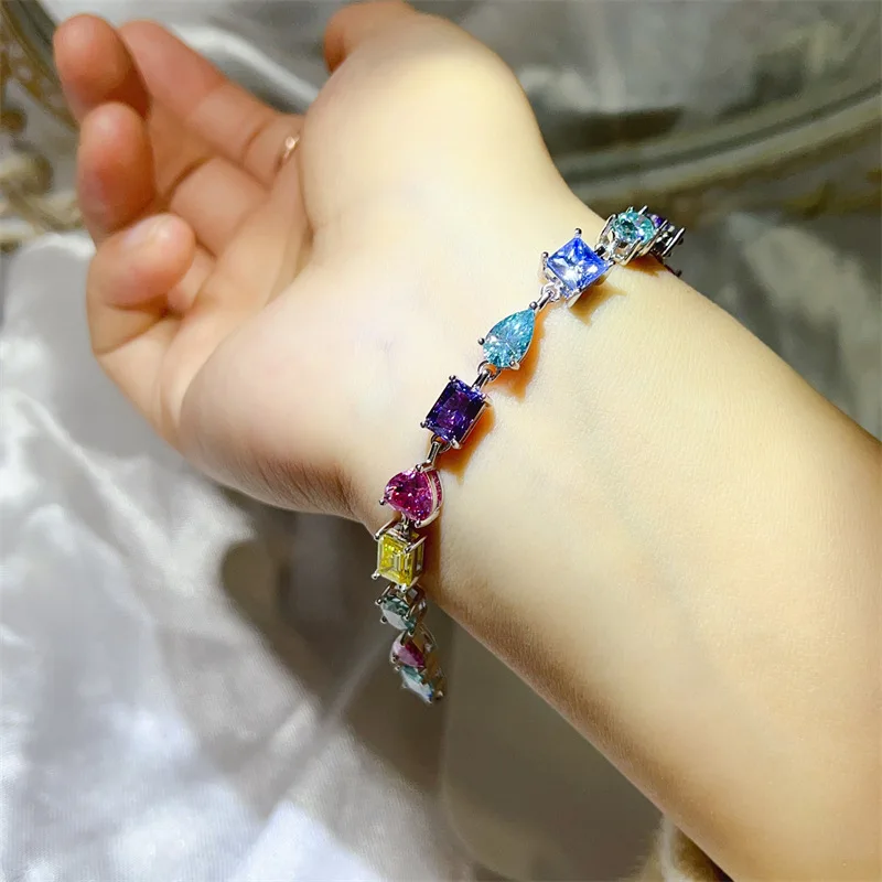 Luxury Rainbow Genuine Moissanite Tennis Bracelet S925 Sterling Silver Mixed Cut Heart Pear Round Square Gemstone Bracelet for Women Fine Jewelry Daily Wear Party Birthday Gift