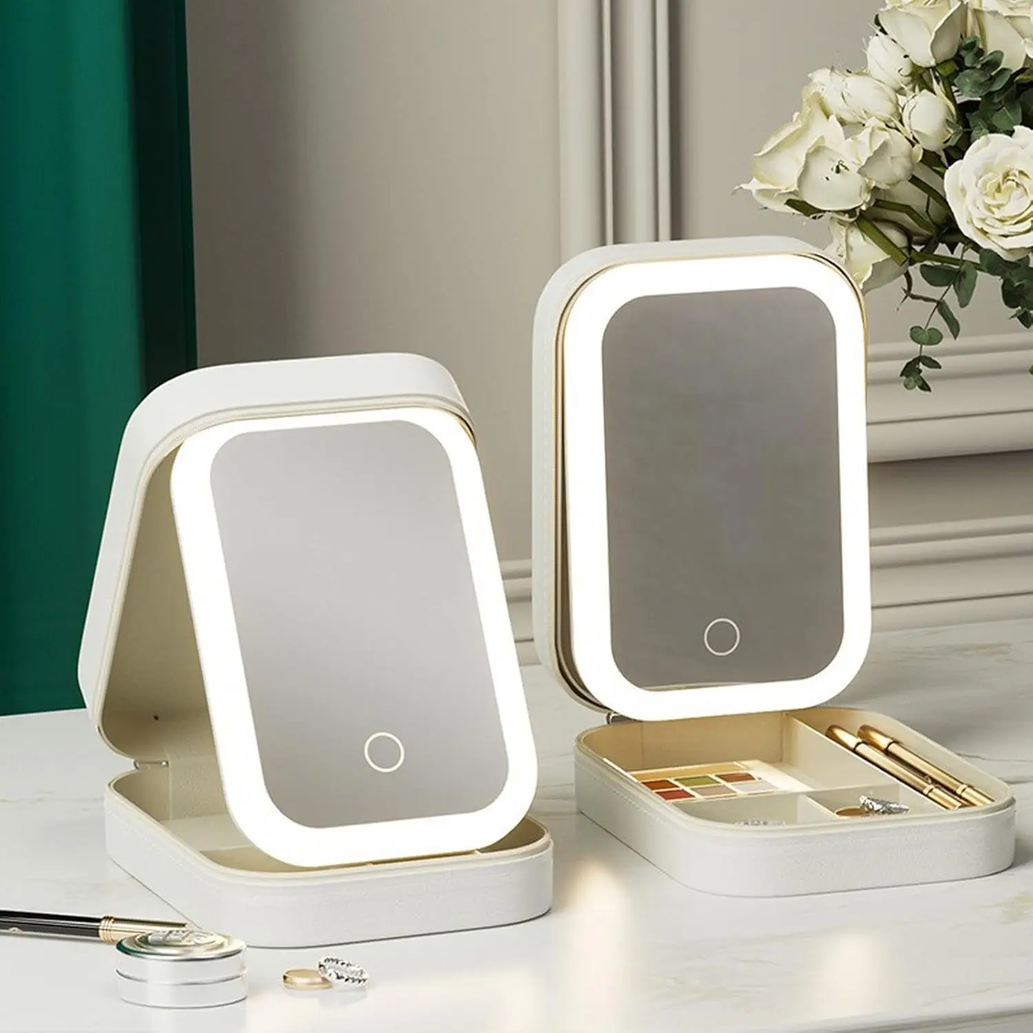 LED Three-Color Adjustable Makeup , Tri-Color Adjustable Vanity  with Jewelry Box, Rechargeable Lighted Compact Travel Makeup  (