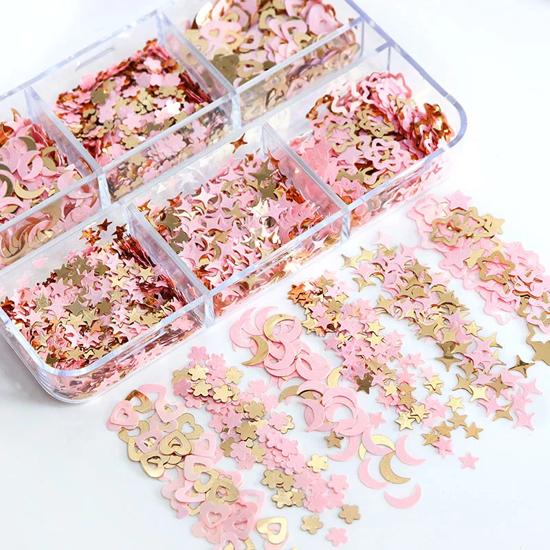 6 Grids Resin Silicone Mold Filler Pink Gold Star Moon Sakura Glitter Epoxy Resin Sequins Paper Material Nail Art Decor DIY Gift