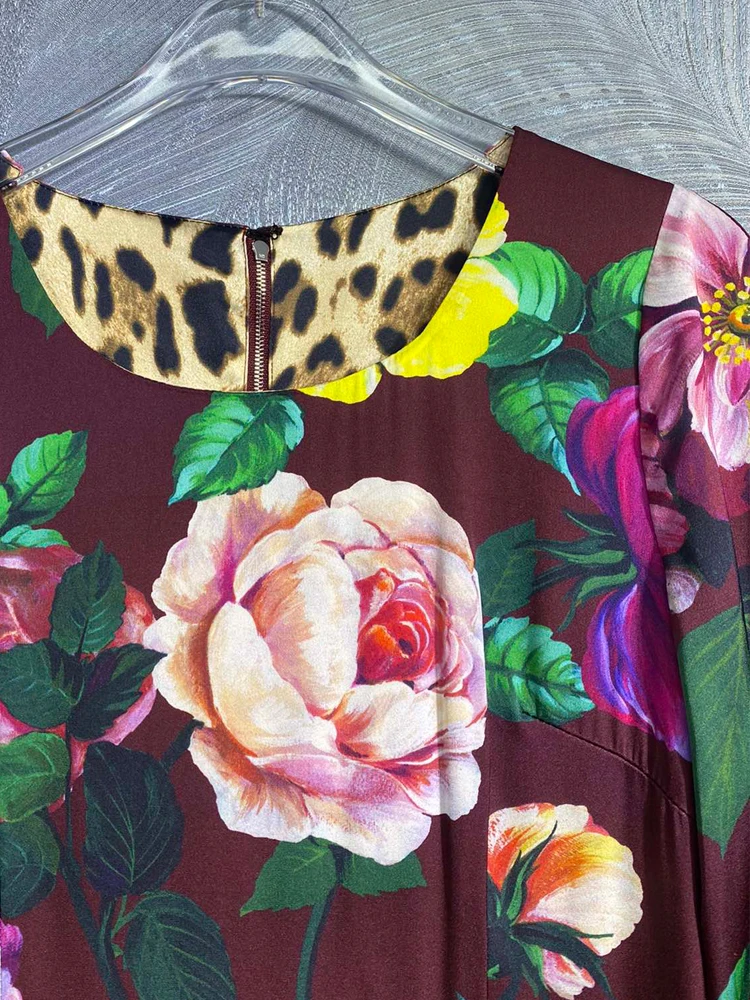 Seqinyy Elegante Midi Jurk Paars Rood 100% Zijde Zomer Nieuwe Mode Design Vrouwen Catwalk Halve Mouw Vintage Bloemenprint