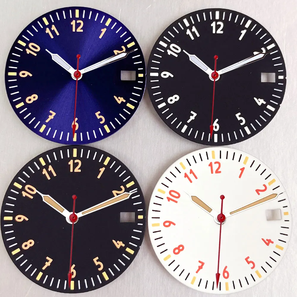 Weiß, blau, schwarz, Fliegeruhr, Zifferblatt, steril, 29 mm, passend für NH35 NH36 Uhrwerk, grün leuchtender Zeiger für Tauchmänner, Tagfenster