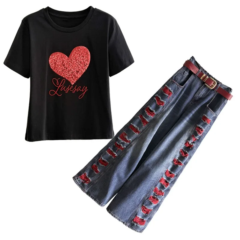 Internet Celebrity Foreign Style Women's Summer Suit New Popular Short-sleeved Women' T-shirt Versatile Wide-leg Jeans Exquisite