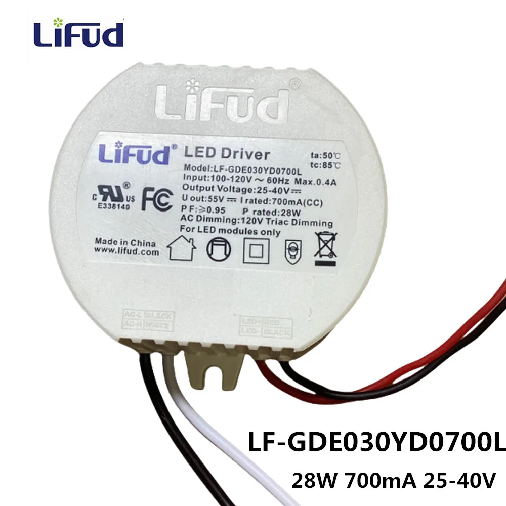 

AC100-120V 28W Симисторный светодиодный драйвер с регулируемой яркостью LF-GDE030YD Круглый изолированный трансформатор Встроенный для потолочного освещения Активный PFC