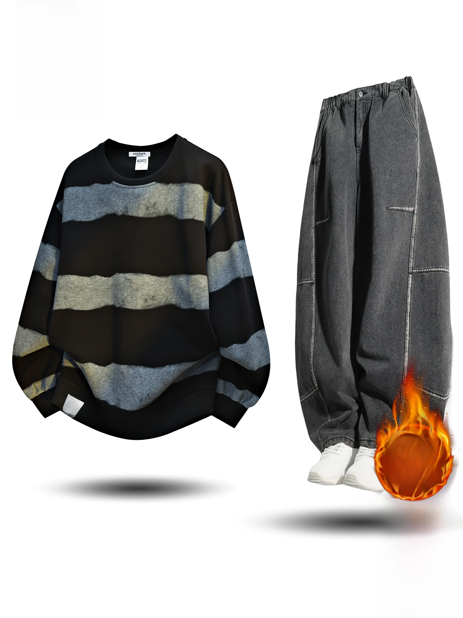 

PaulFrank Winter Thiened Fce Hoodie And Wide Leg Pants Men's Casual Sportswear Set Striped Design Youth Cotton Polyester...