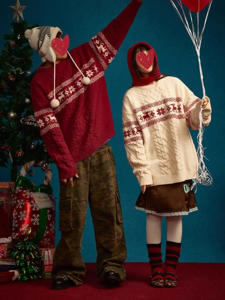 

Christmas Couples Sweaters New Year Red Knitted Loose Fit Soft Warm Long Sleeve Casual Wear for Men And Women Online Exclusive