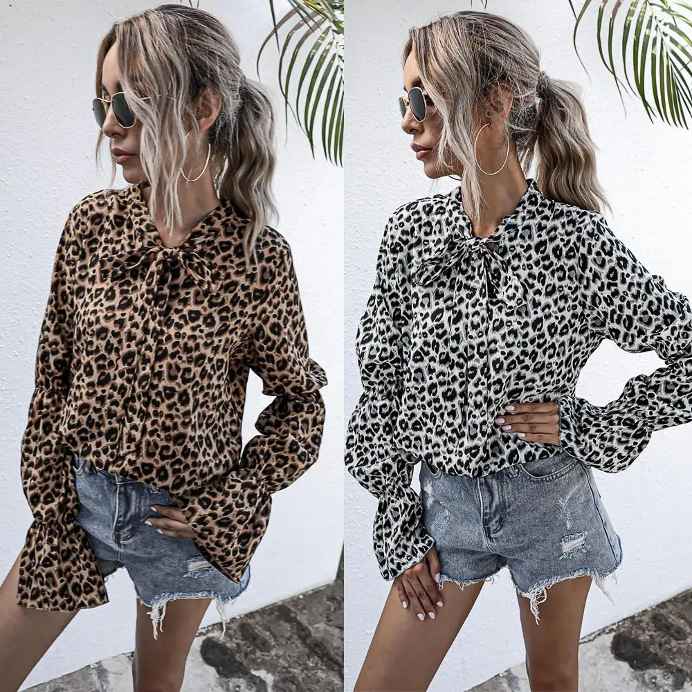

Women's Lantern Sleeve Shirt Commute Style Long Sleeve Leopard Pattern Non-Shrinking Lantern Sleeve Women's Shirt