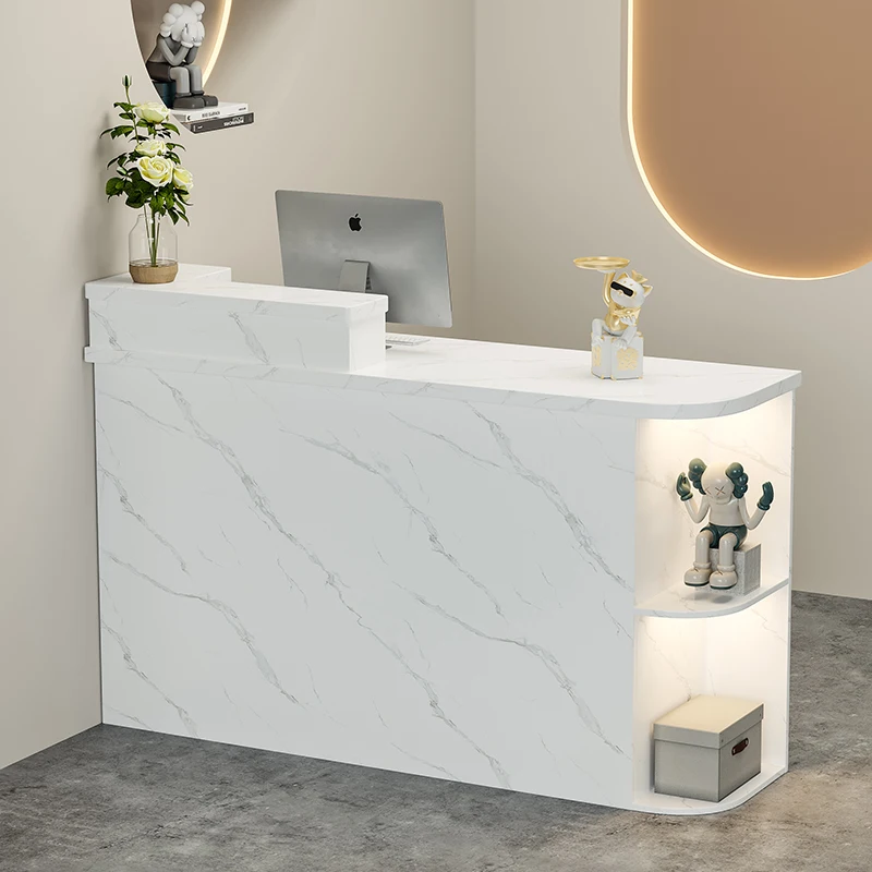 

Aesthetic Wood Reception Desks Curved Small Corner Modern Reception Desks Minimalist Design Mostrador Commercial Furniture