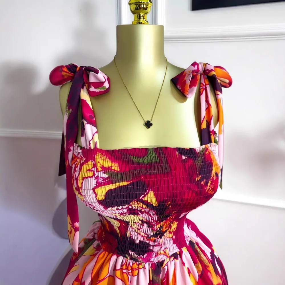 Frauen Ärmellose Bowknot Spitze-up Liebsten Taille Cinching Lange Gedruckt Overall Sommer Strand Boho Urlaub Ein Stück Anzug Strampler