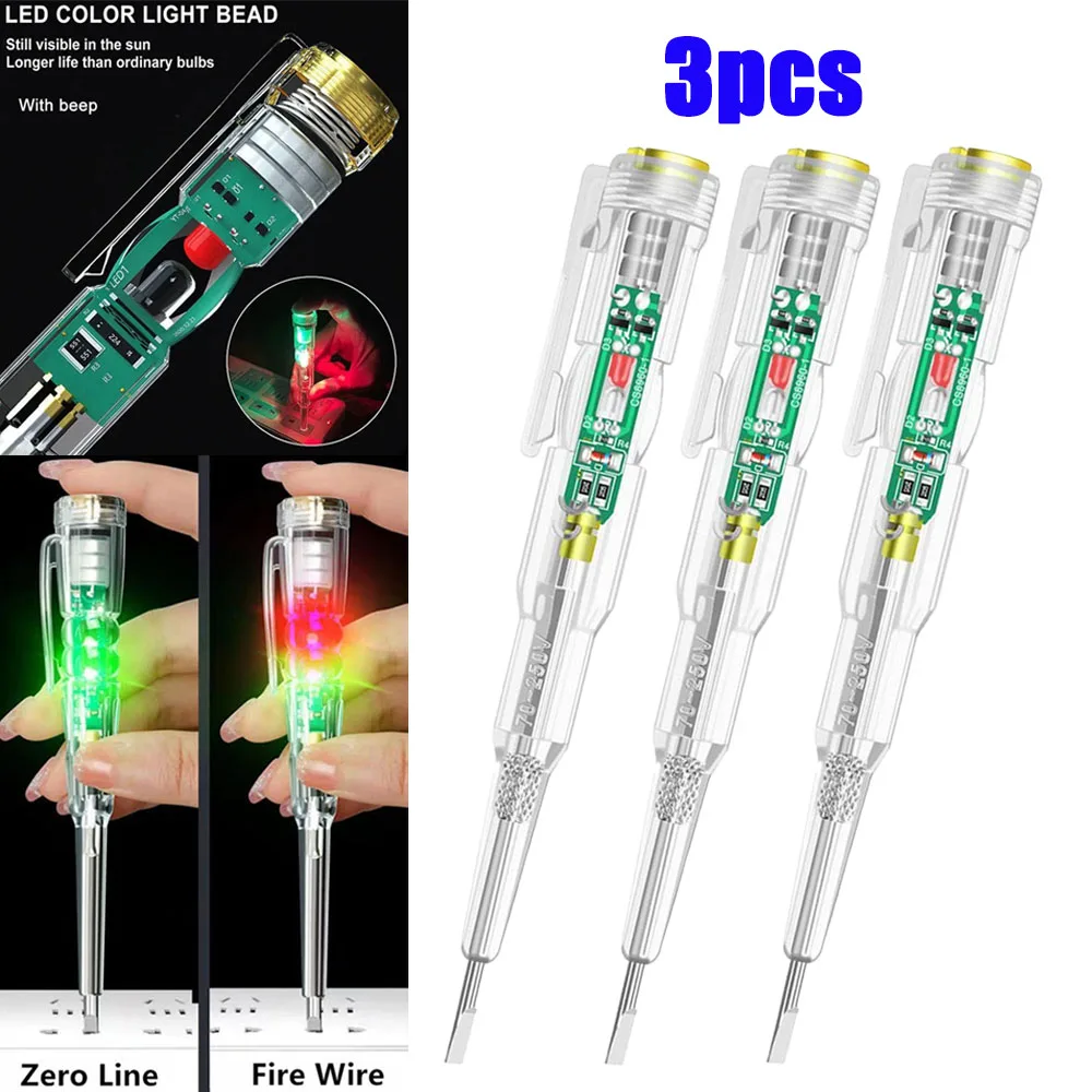 3pcs Test Pen Colored LED Light Sensor Beep Alarm Electrician Test Broken Zero Fire Wire Detection High Bright Electrician Pen