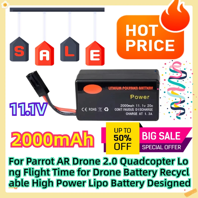 For Parrot AR Drone 2.0 Quadcopter Long Flight Time 11.1V 2000mAh for Drone Battery Recyclable High Power Lipo Battery Designed