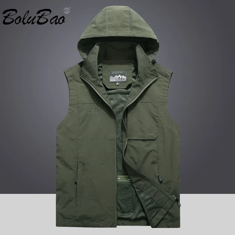 BOLUBAO 2024 Outdoor Casual Vest For Men Large Pocket Hooded Fashion Coat High Quality Design Streetwear Casual Vest For Men