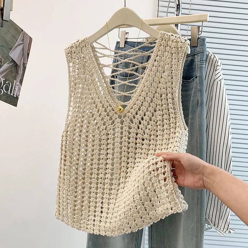 Sleeveless Knit Blouse for Women Open Stitch V-Neck Crochet Tunic Top Summer Beach Cover Up Boho Vacation Outfit
