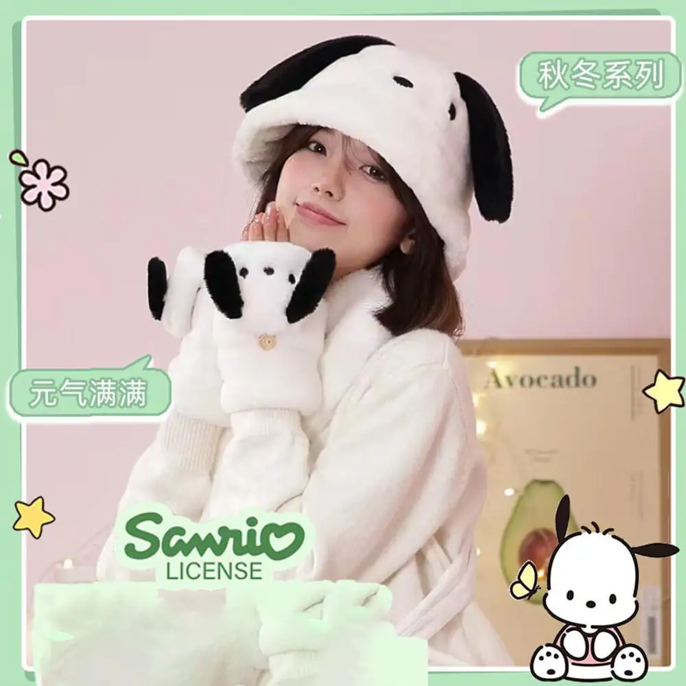 

Sanrios Pochacco Plush Flip Gloves Hat Earmuffs Kawaii Cartoon Kuromi Melody Winter Soft Thicken Warm Girl Student Festival Gift