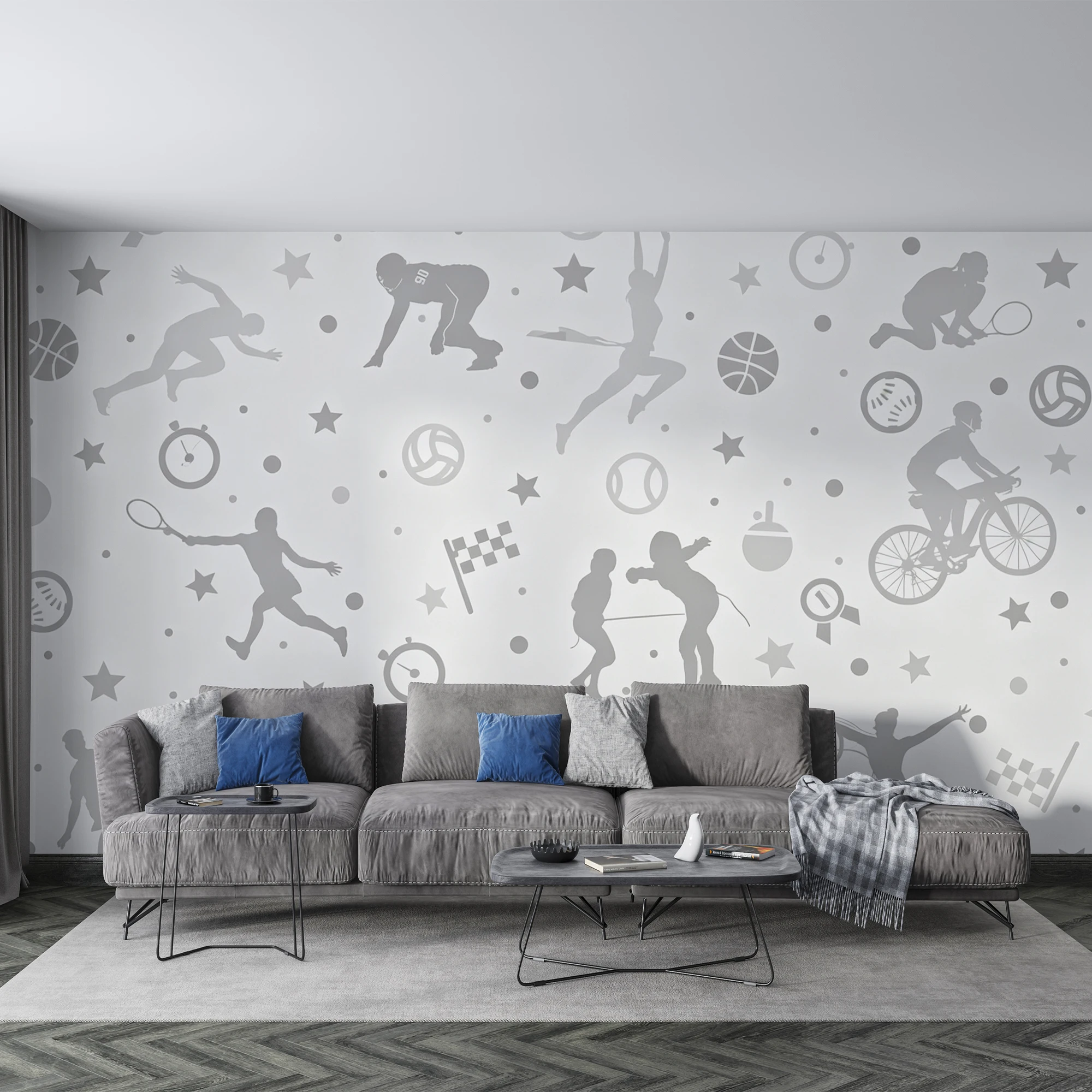 Custom Mural Wallpaper Sports Silhouette Peel And Stick Wall Mural Multisport Grey Pattern For Boys Bedroom Kids Room Home Decor
