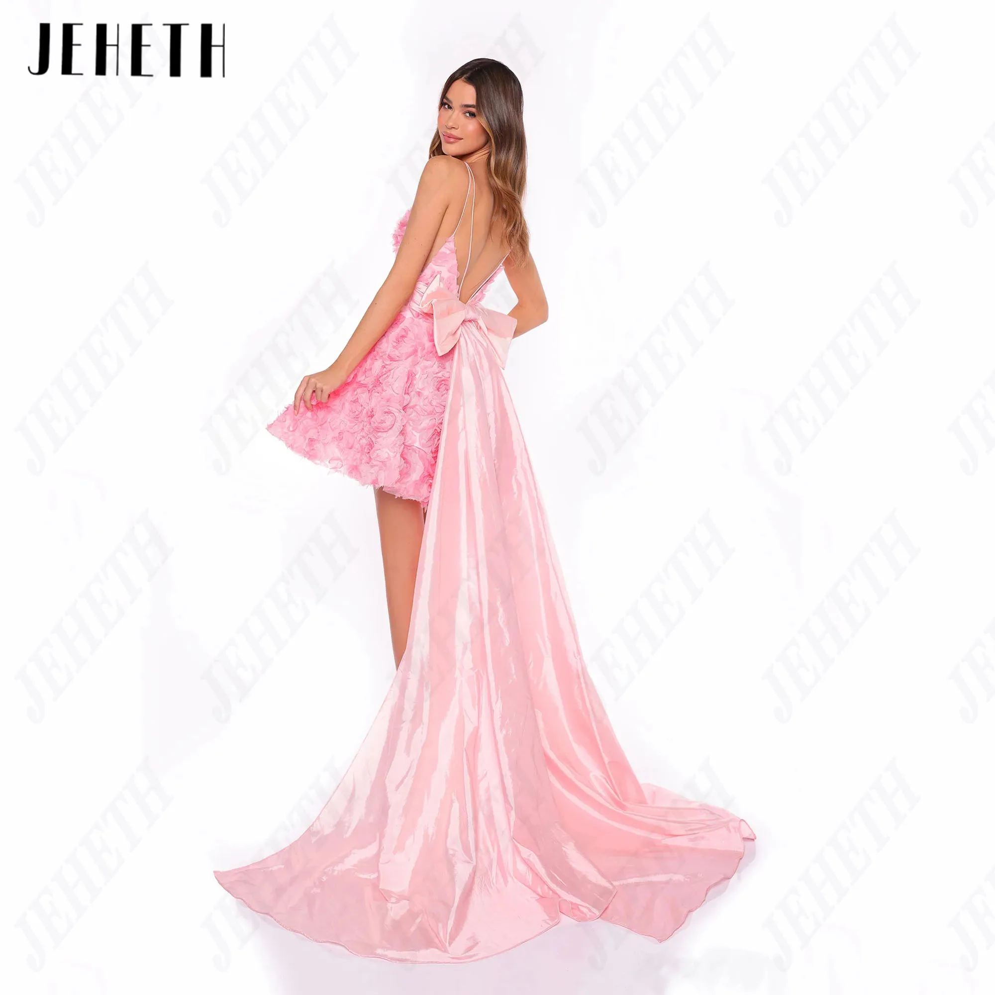 JEHETH Mini Flowers Pink Cocktail Party Dresses Backless A-Line Homecoming Gown Customized Robe Cocktail Femme Mariage Draped