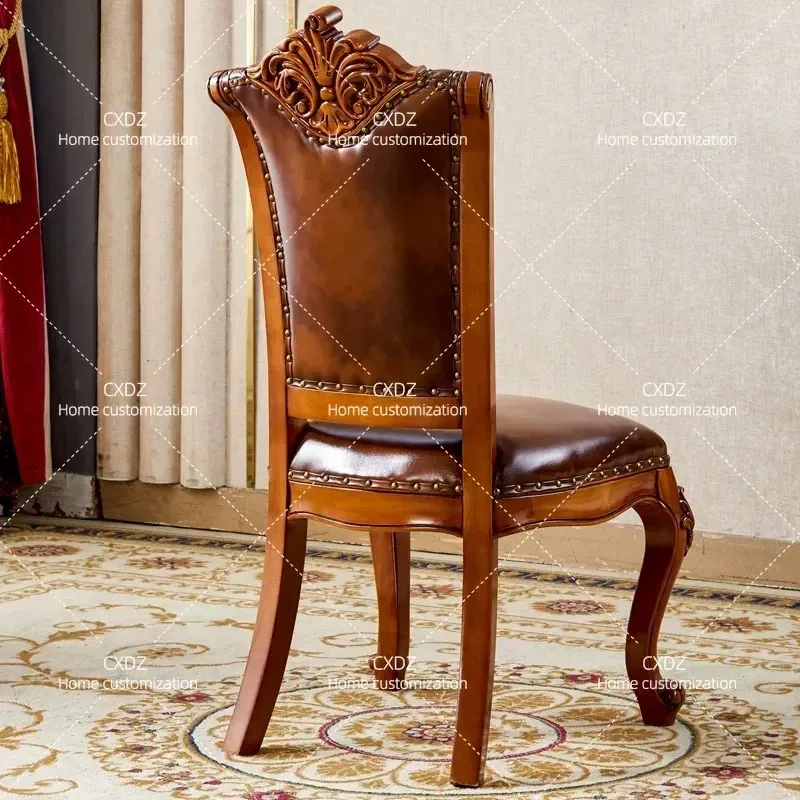 European Solid Wood Carved Dining Chair with Armrests Leather Upholstery Retro Style for Villa Luxury Restaurant Home